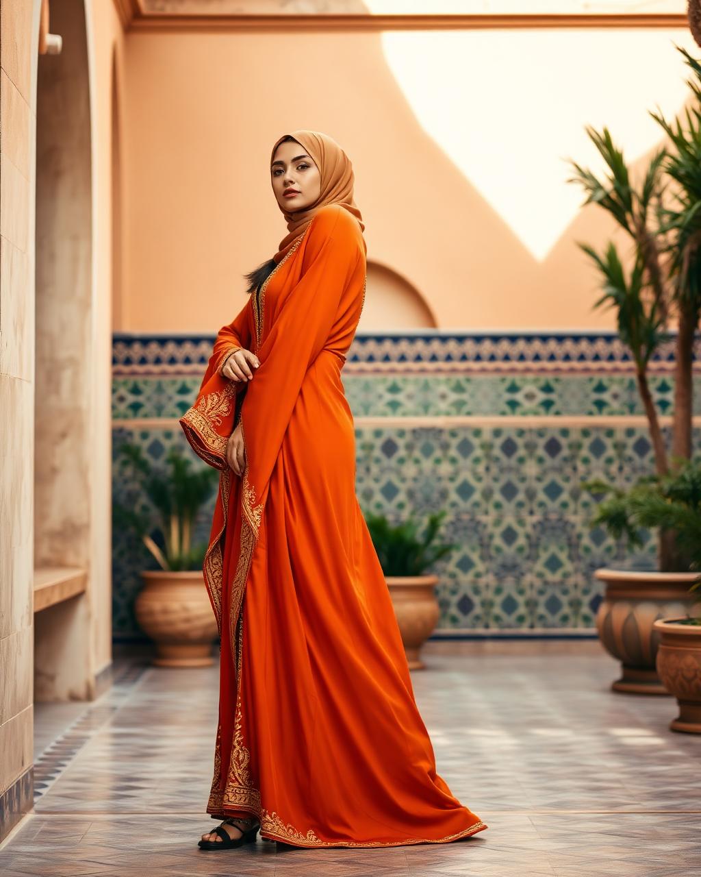 A woman wearing a flowing bright orange modest dress with gold embroidery and a beige hijab stands in a sunlit courtyard with tiled walls and potted plants.