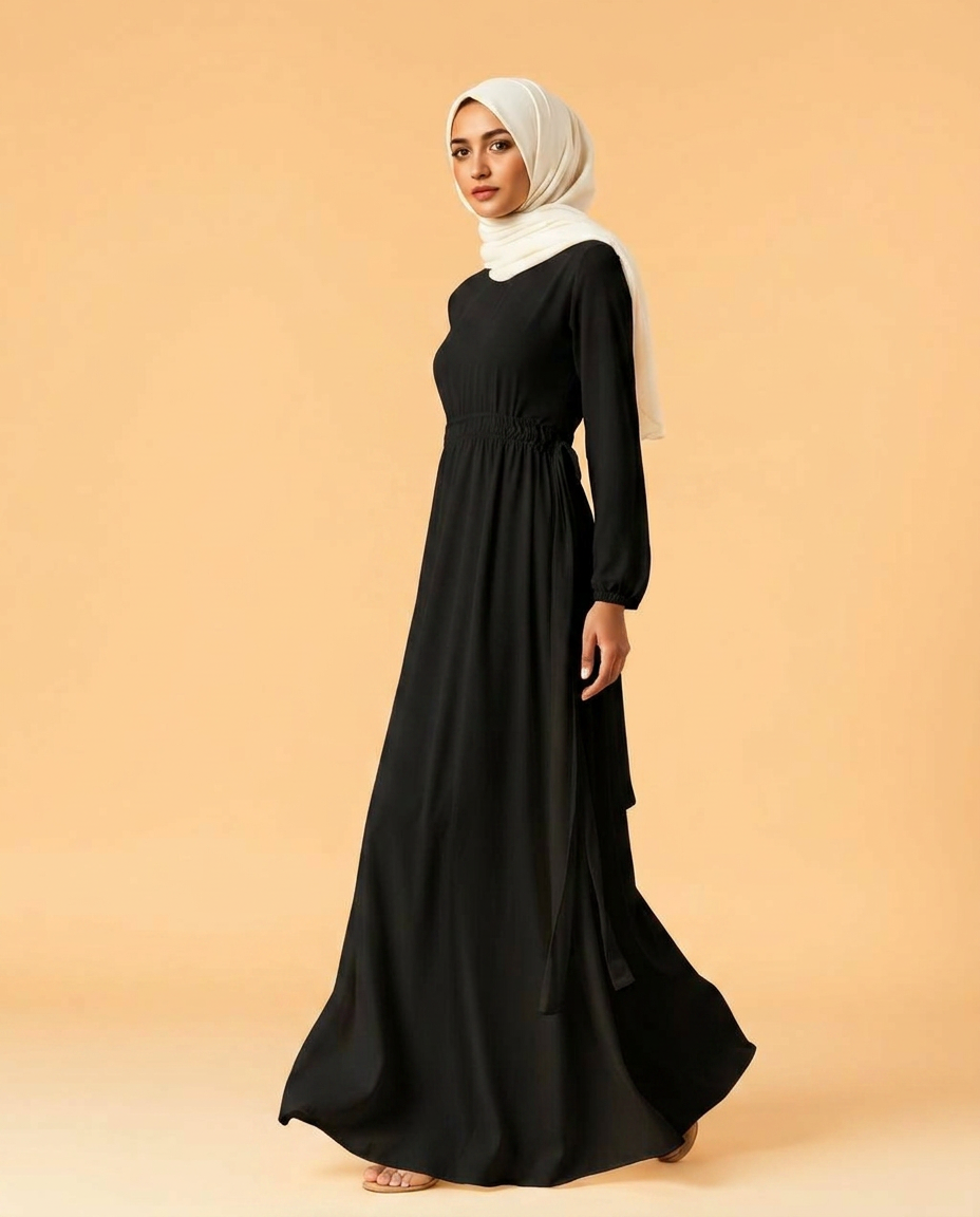 A woman wearing a long black modest maxi dress with a white hijab, standing against a solid warm beige studio background.