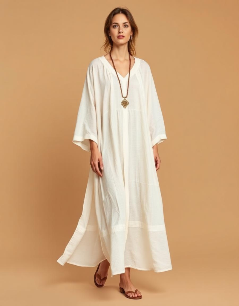 Beige Long-Sleeve Tied-Waist Shirt Dress