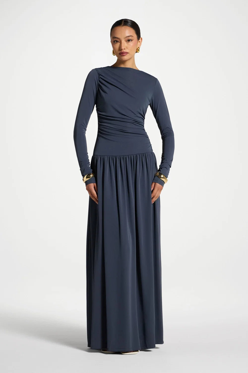Boat Neck Rouched Maxi Dress - Dusk