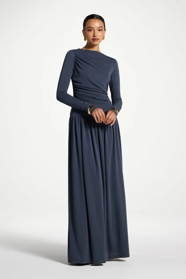 Boat Neck Rouched Maxi Dress - Dusk