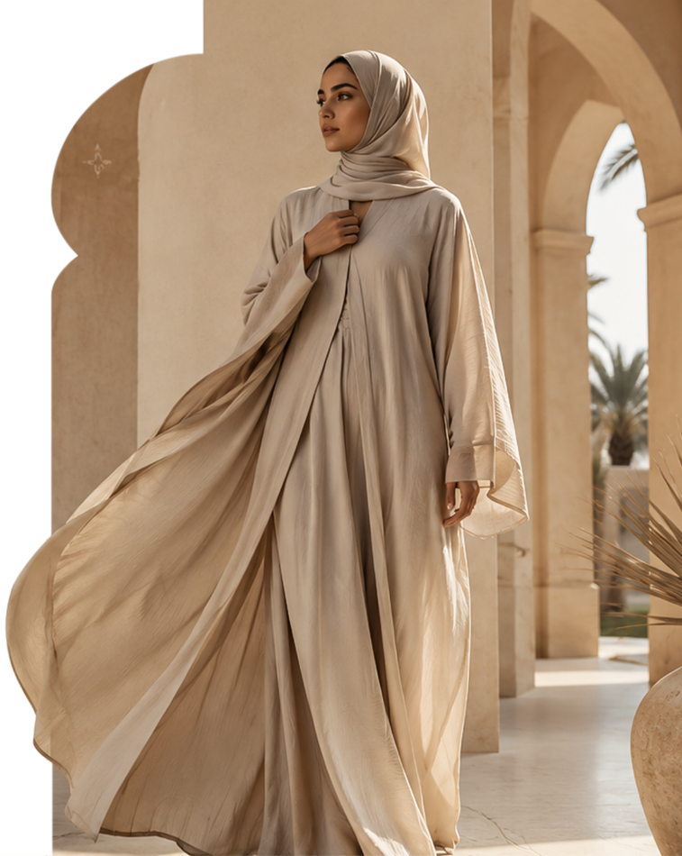 A woman wearing a flowing beige abaya and matching hijab stands in a sunlit architectural corridor with arches and columns.